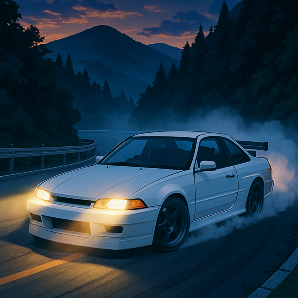 Anime — tuner car, drift, tuned Japanese sports coupe mid-drift on a mountain touge road at dusk
