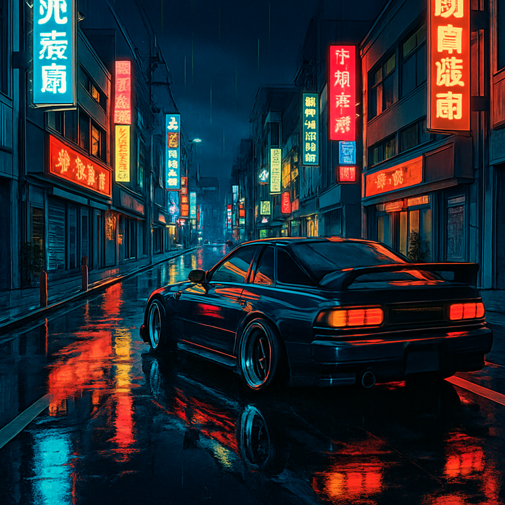 Anime — tuner car, drift, neon-lit night street race through a rain-slicked Tokyo district