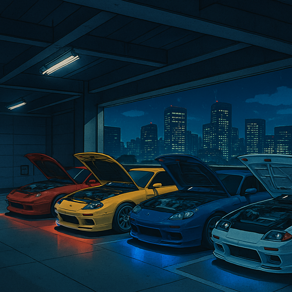 Anime — tuner car, drift, parking-garage meet at night