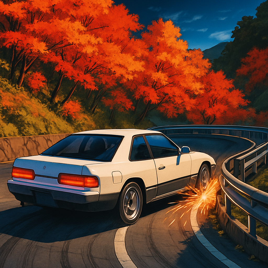 Anime — tuner car, drift, drift car sliding through a hairpin bend