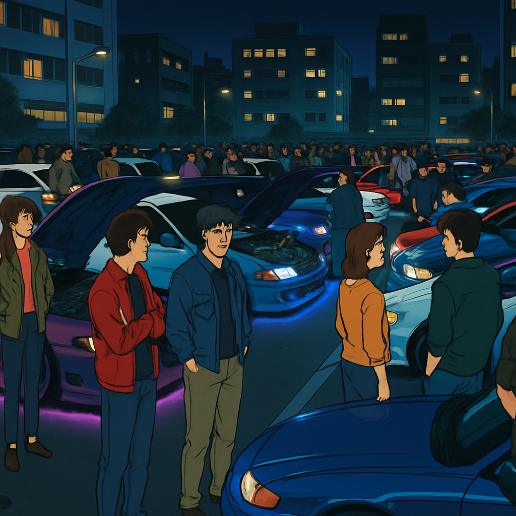 Anime — tuner car, drift, packed night car meet in a city parking lot