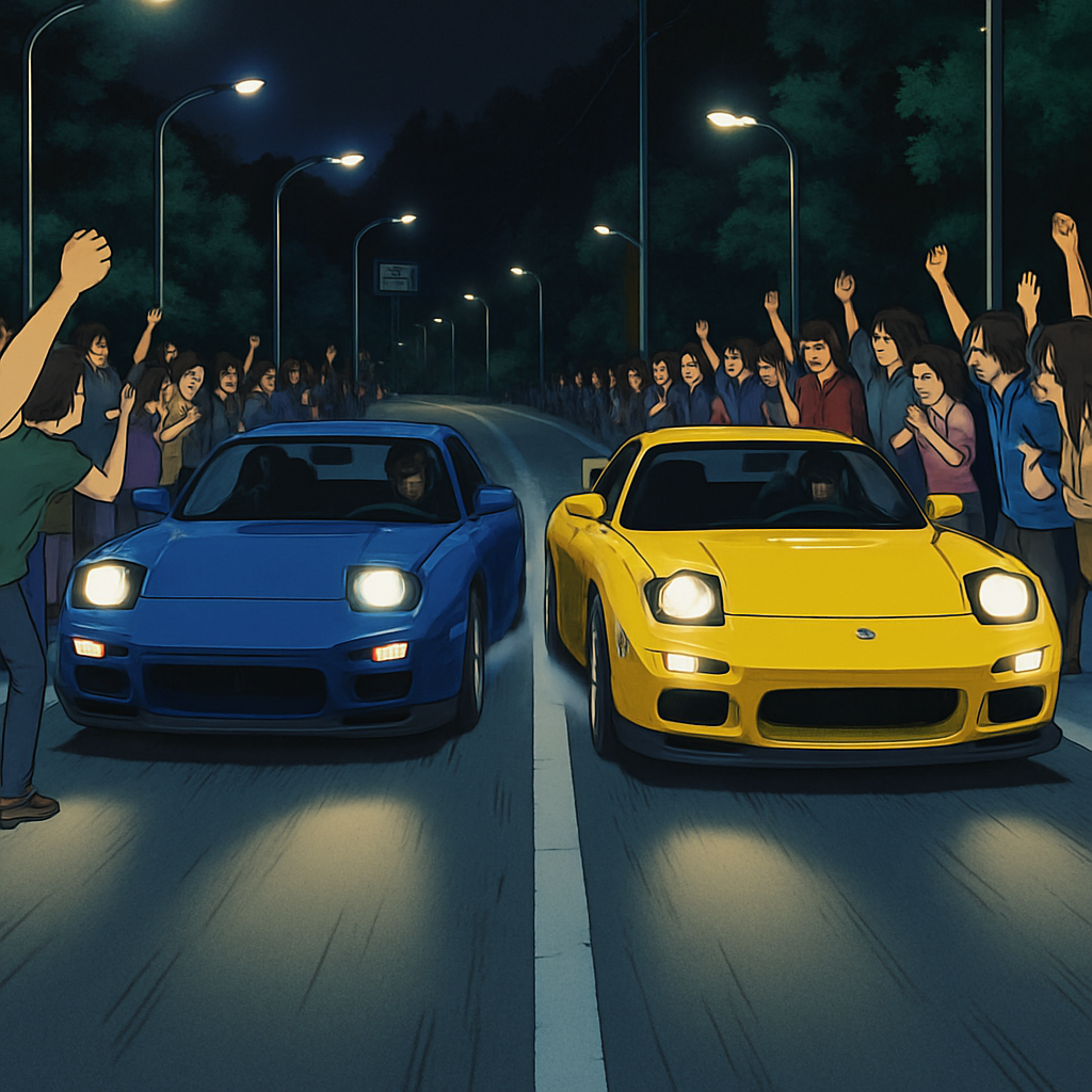 Anime — tuner car, drift, two tuner cars launching side by side down a closed street at night
