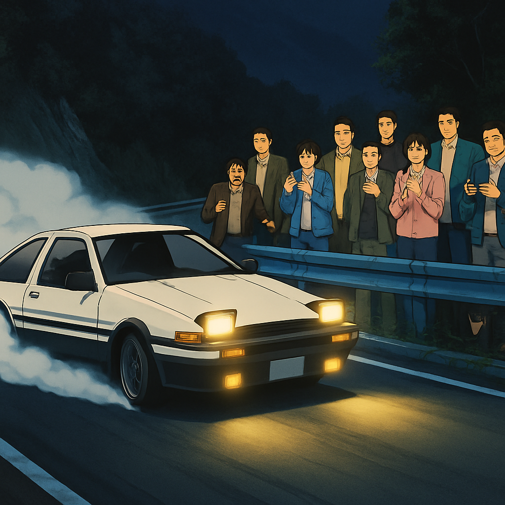 Anime — tuner car, drift, drift car sliding past a crowd of onlookers on a mountain hairpin