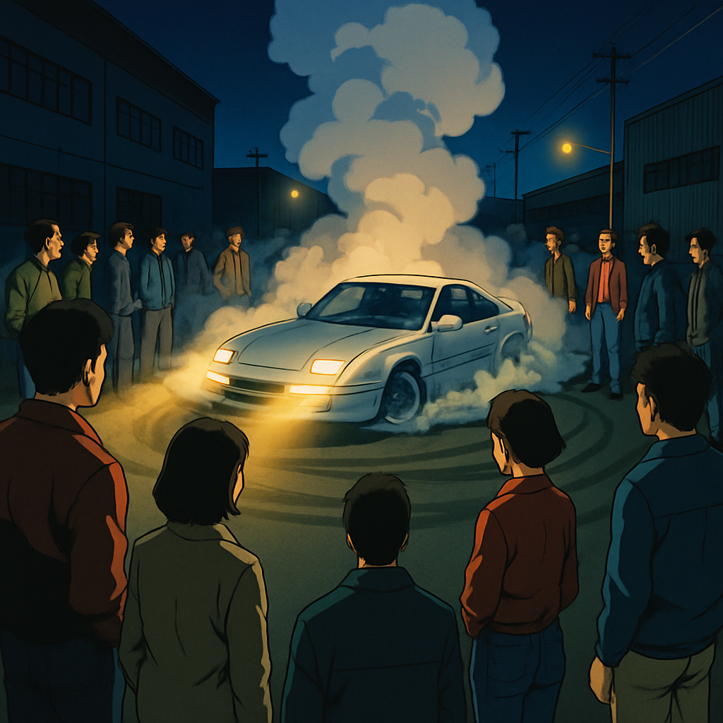 Anime — tuner car, drift, street takeover in an industrial estate