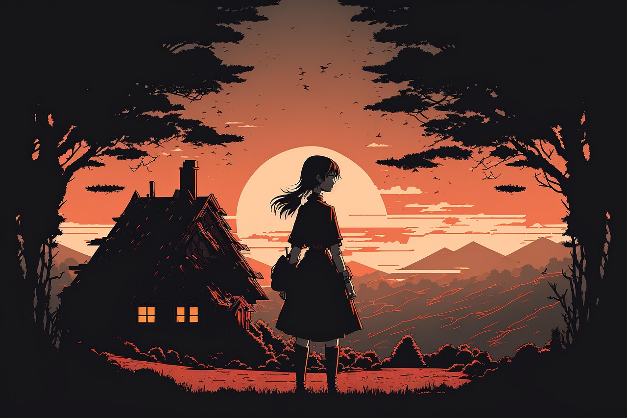 Anime — girl, sunset, house