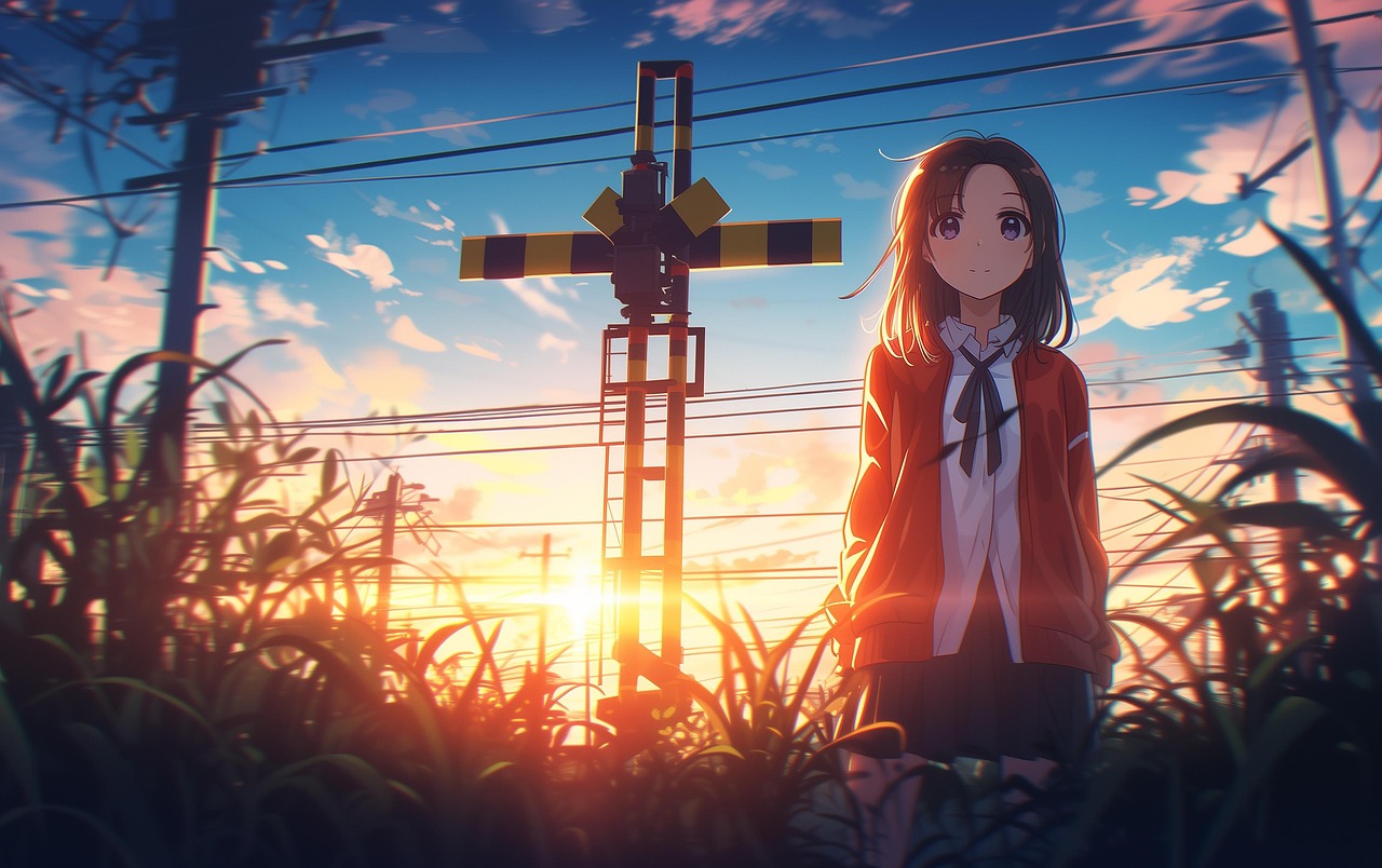 Anime — woman, nature, sunrise