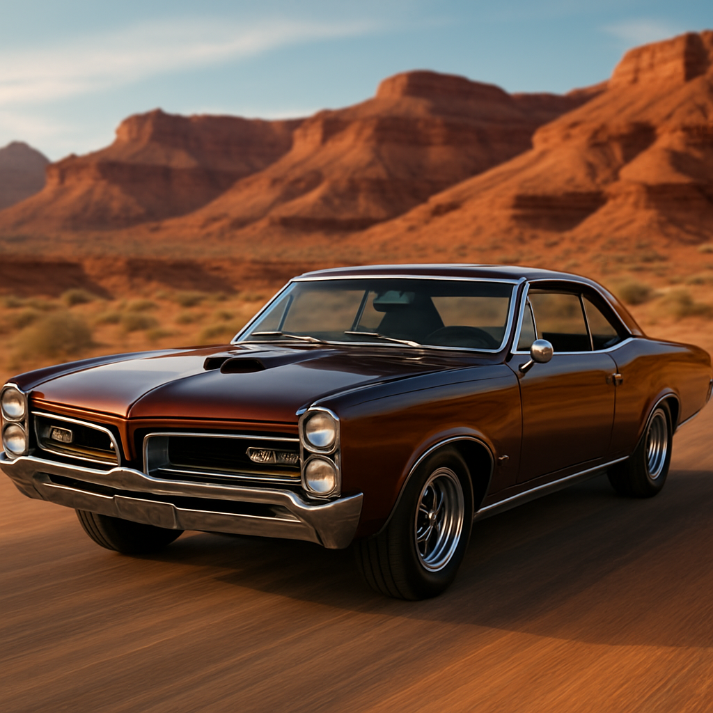 67 gto show quality hotrod rootbeer color desert background red desert with hills like utah looks moving while sitting still 3d professional portrait