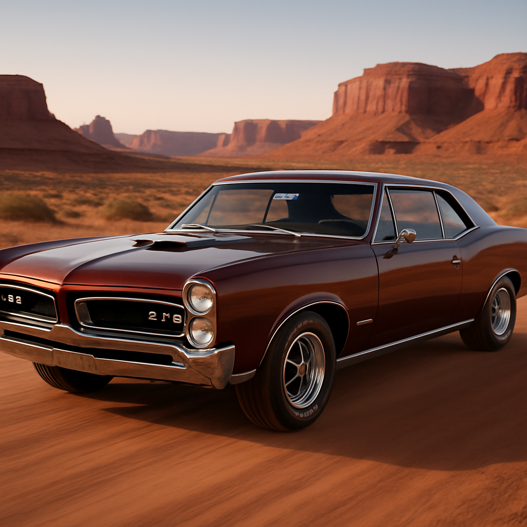 67 gto show quality hotrod rootbeer color desert background red desert with hills like utah looks moving while sitting still 3d professional portrait